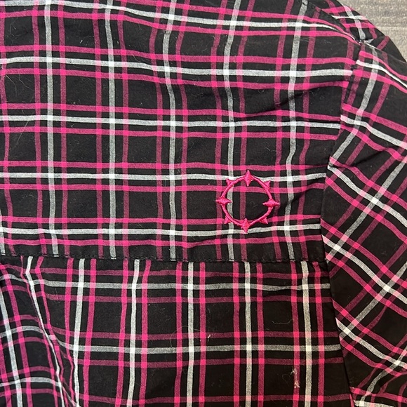 Fun Pink and Black Plaid Empire Button Down Short Sleeve Shirt - Picture 5 of 7